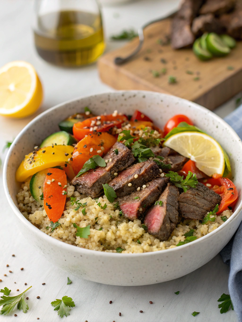 high protein beef quinoa bowl