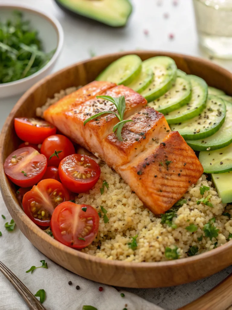 high protein salmon quinoa bowl
