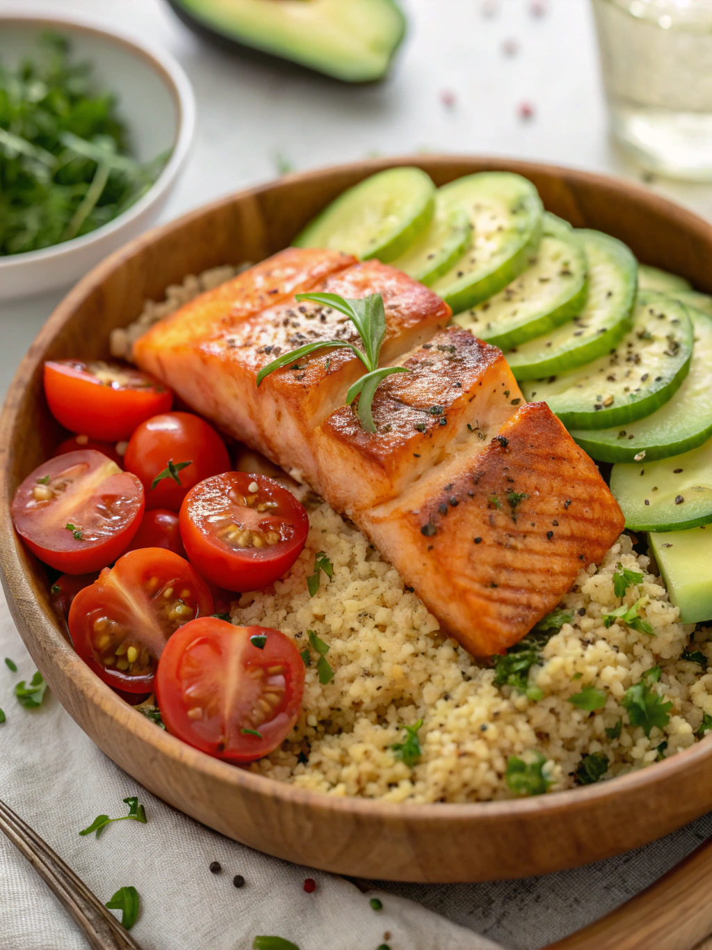 high protein salmon quinoa bowl